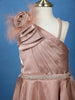 Dusty Rose One-Shoulder Floral Satin Kids Gown With Feather Detail