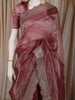 Dusty Rose Pink Checked Woven Design Pure Organza Party Wear Saree with Scalloped Border