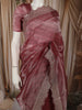Dusty Rose Pink Checked Woven Design Pure Organza Party Wear Saree with Scalloped Border