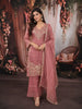 Dusty Rose Pink Floral Sequins and Beads Embroidered Design Tissue Silk Straight Cut Salwar Suit with Matching Dupatta
