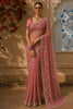 Dusty Rose Pink Floral Vine Sequins Embroidered Design Net Party Wear Saree with Designer Border
