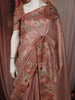 Dusty Rose Pink Floral Zardozi Embroidered Design Pure Tissue Silk Party Wear Saree with Floral Border