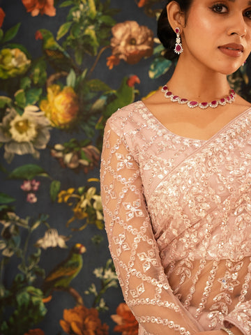 Dusty Rose Pink Heavy Sequin Embroidered Net Saree - Diadem