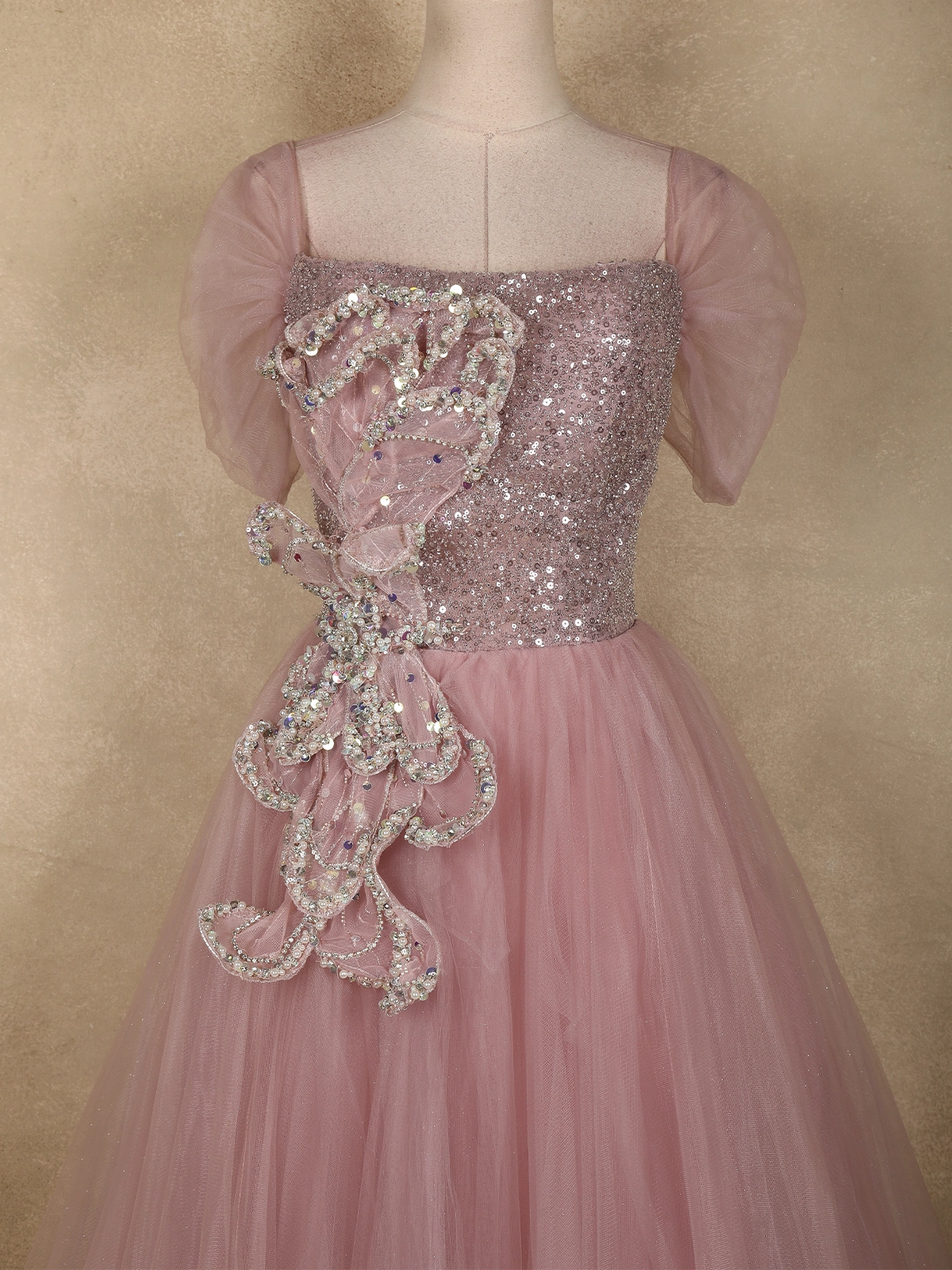Dusty Rose Pink Sequin Embellished Net Party Wear Gown | Diadem Dusty Rose Pink Sequin Embellished Net Party Wear Gown | Diadem