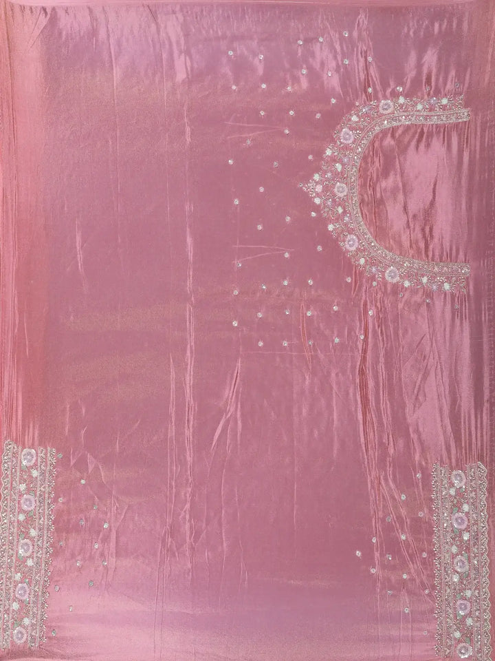 Dusty Rose Pink Sequins Design Organza Silk Saree With Floral Embroidered Border - Diadem