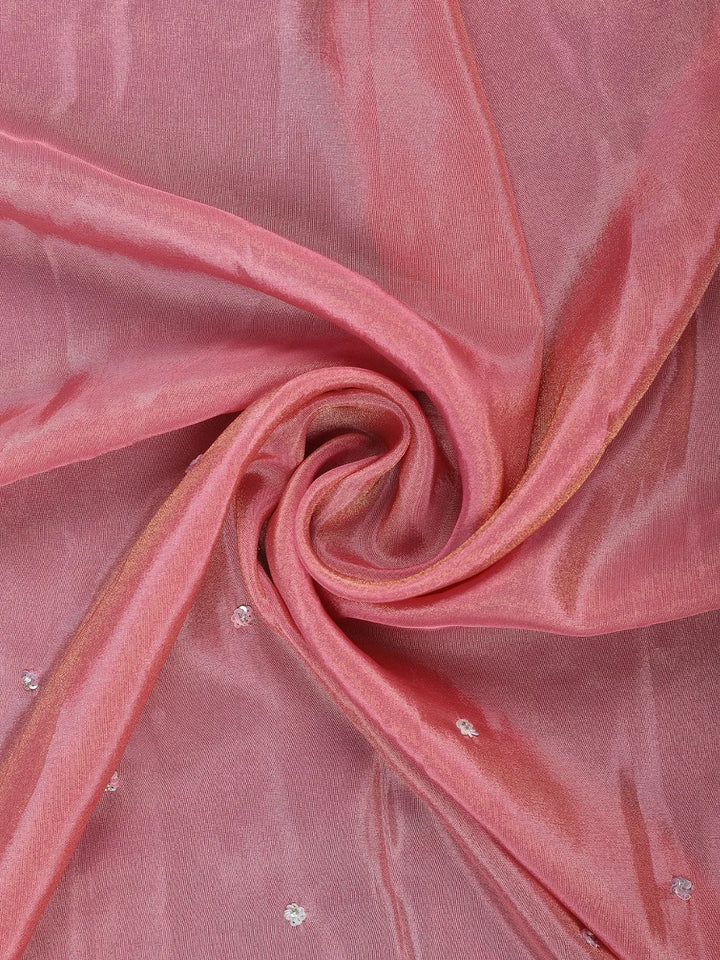 Dusty Rose Pink Sequins Design Organza Silk Saree With Floral Embroidered Border - Diadem