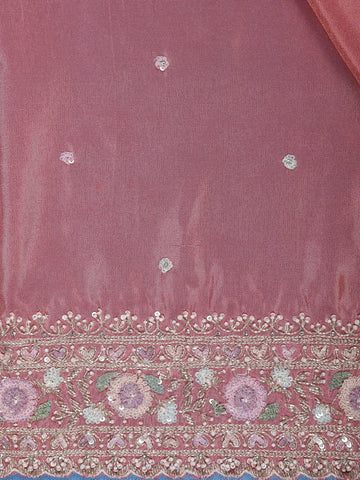 Dusty Rose Pink Sequins Design Organza Silk Saree With Floral Embroidered Border - Diadem