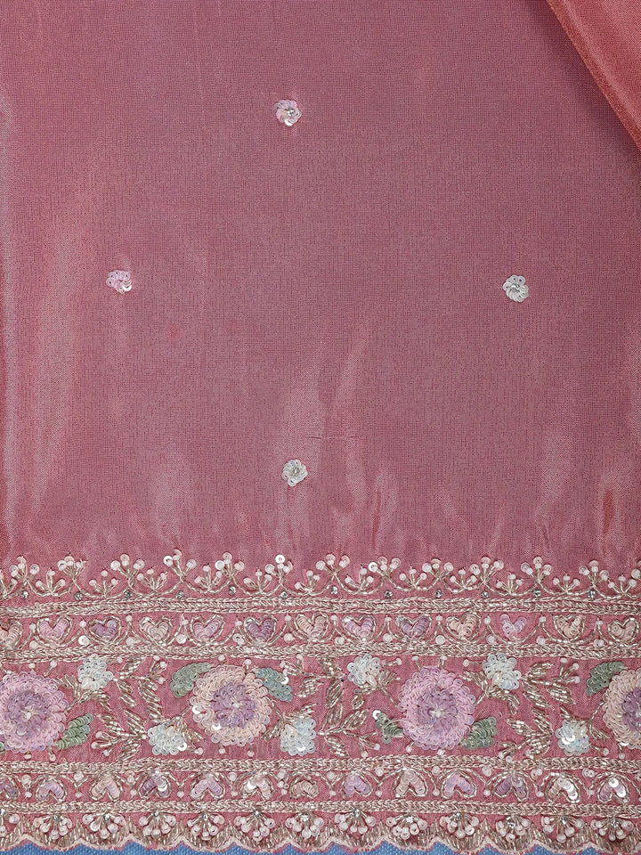 Dusty Rose Pink Sequins Design Organza Silk Saree With Floral Embroidered Border - Diadem