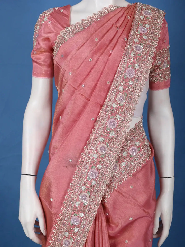 Dusty Rose Pink Sequins Design Organza Silk Saree With Floral Embroidered Border - Diadem