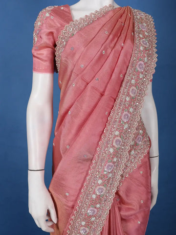 Dusty Rose Pink Sequins Design Organza Silk Saree With Floral Embroidered Border - Diadem
