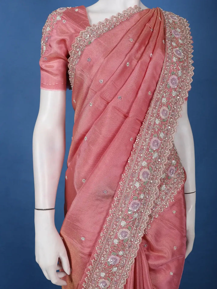 Dusty Rose Pink Sequins Design Organza Silk Saree With Floral Embroidered Border - Diadem