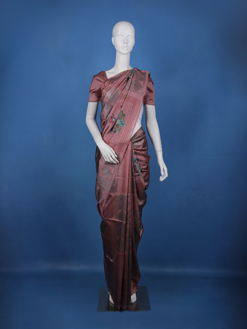 Dusty Rose Pink floral Design Semi Tissue Saree - Diadem