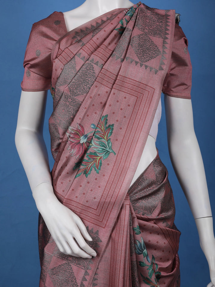Dusty Rose Pink floral Design Semi Tissue Saree - Diadem