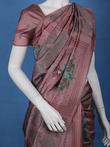 Dusty Rose Pink floral Design Semi Tissue Saree - Diadem