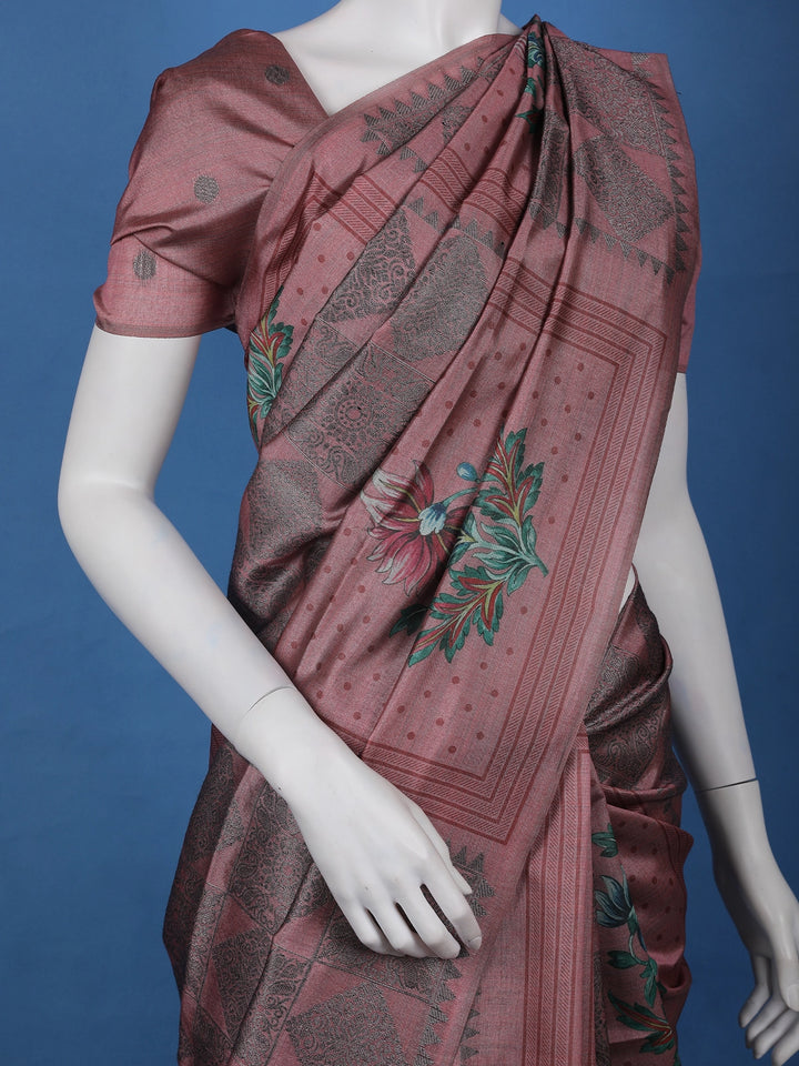 Dusty Rose Pink floral Design Semi Tissue Saree - Diadem