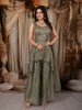 Dusty Sage Green Floral Sequins Embroidered Design Tissue Silk Palazzo Suit with Choker Dupatta