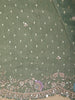 Dusty Sage Green Floral Sequins and Zardozi Embroidered Design Tissue Silk Designer Saree with Scalloped Border