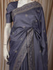 Dusty Steel Blue Floral Thread Embroidered Design Pure Tussar Fancy Saree with Floral Border
