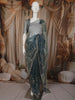 Dusty Steel Blue Floral Vine Stone Embellished Design Organza Party Wear Saree with Scalloped Border
