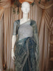 Dusty Steel Blue Floral Vine Stone Embellished Design Organza Party Wear Saree with Scalloped Border