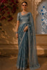 Dusty Steel Blue Floral Vine Stone Embellished Design Organza Party Wear Saree with Scalloped Border