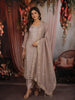 Dusty Taupe Beige Floral Vine Thread Embroidered Design Tissue Silk Straight Cut Salwar Suit with Dupatta