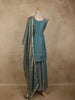 Dusty Teal Blue Floral Sequins and Beads Embroidered Design Organza Palazzo Suit with Dupatta