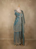 Dusty Teal Blue Floral Sequins and Beads Embroidered Design Organza Palazzo Suit with Dupatta