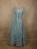 Dusty Teal Blue Floral Thread and Beads Embroidered Design Net Lehenga With Net Dupatta