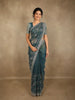 Dusty Teal Blue Floral Zari and Stone Embellished Design Organza Designer Saree