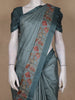 Dusty Teal Blue Solid Woven Design Tussar Saree with Floral Printed Border