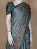 Dusty Teal Blue Solid Woven Design Tussar Saree with Floral Printed Border