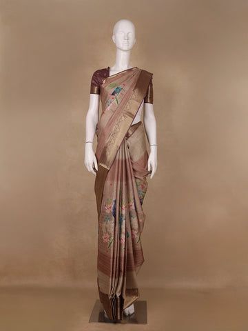 Dusty Beige Peacock And Lotus Print Semi Tussar Saree - Diadem
