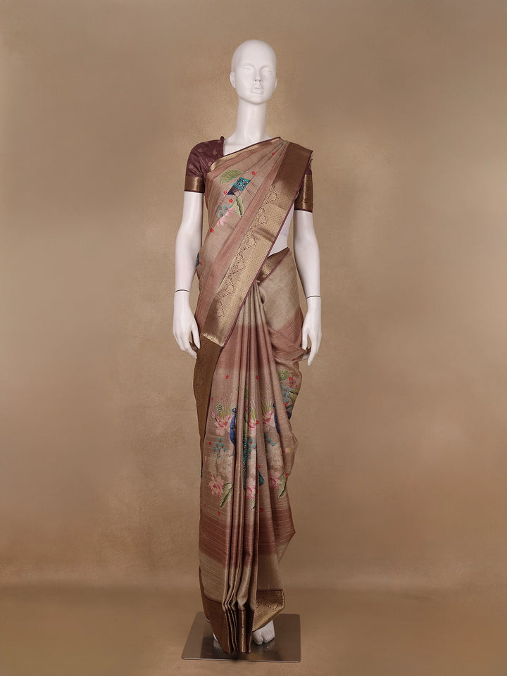Dusty Beige Peacock And Lotus Print Semi Tussar Saree - Diadem