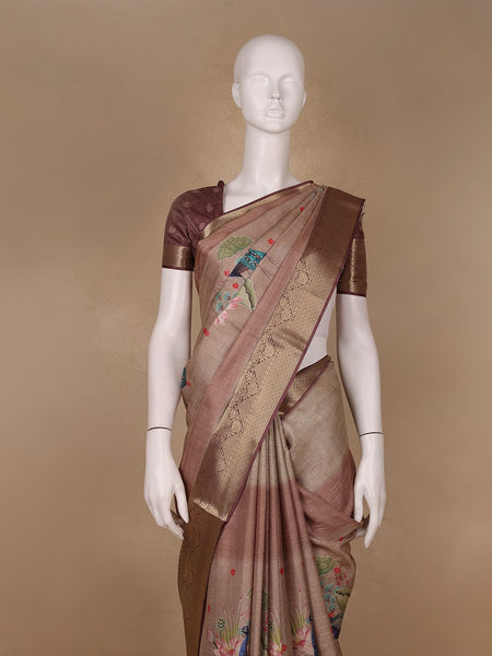 Dusty Beige Peacock And Lotus Print Semi Tussar Saree - Diadem