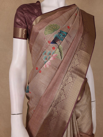 Dusty Beige Peacock And Lotus Print Semi Tussar Saree - Diadem