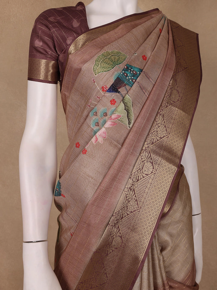 Dusty Beige Peacock And Lotus Print Semi Tussar Saree - Diadem