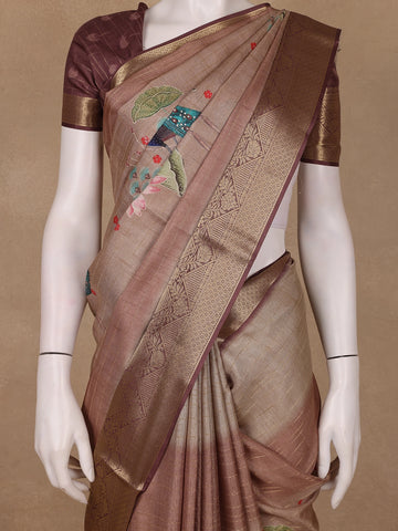 Dusty Beige Peacock And Lotus Print Semi Tussar Saree - Diadem