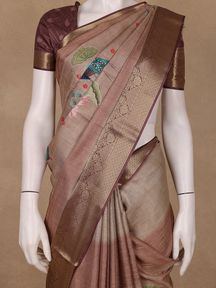 Dusty Beige Peacock And Lotus Print Semi Tussar Saree - Diadem