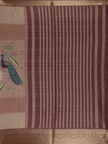 Dusty Beige Peacock And Lotus Print Semi Tussar Saree - Diadem