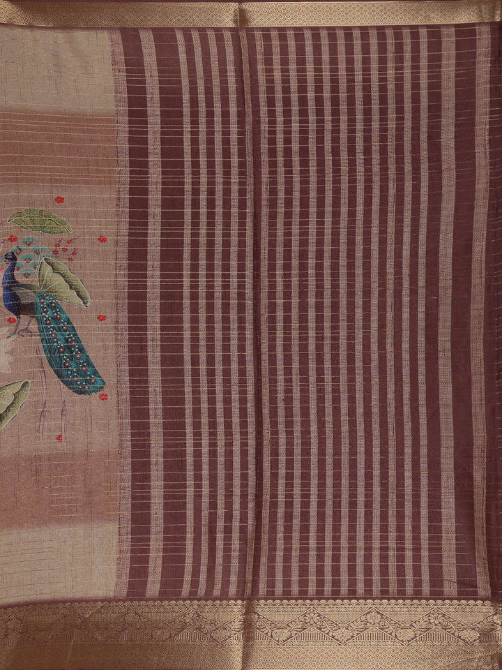 Dusty Beige Peacock And Lotus Print Semi Tussar Saree - Diadem