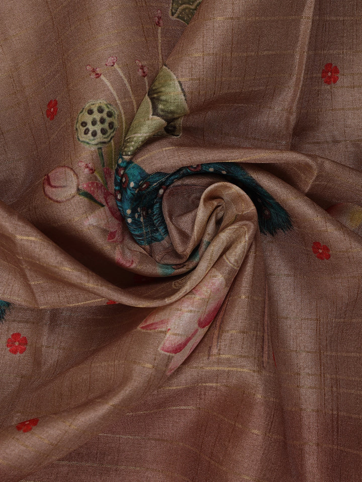 Dusty Beige Peacock And Lotus Print Semi Tussar Saree - Diadem