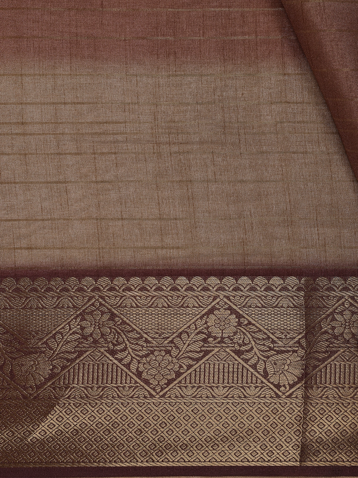 Dusty Beige Peacock And Lotus Print Semi Tussar Saree - Diadem