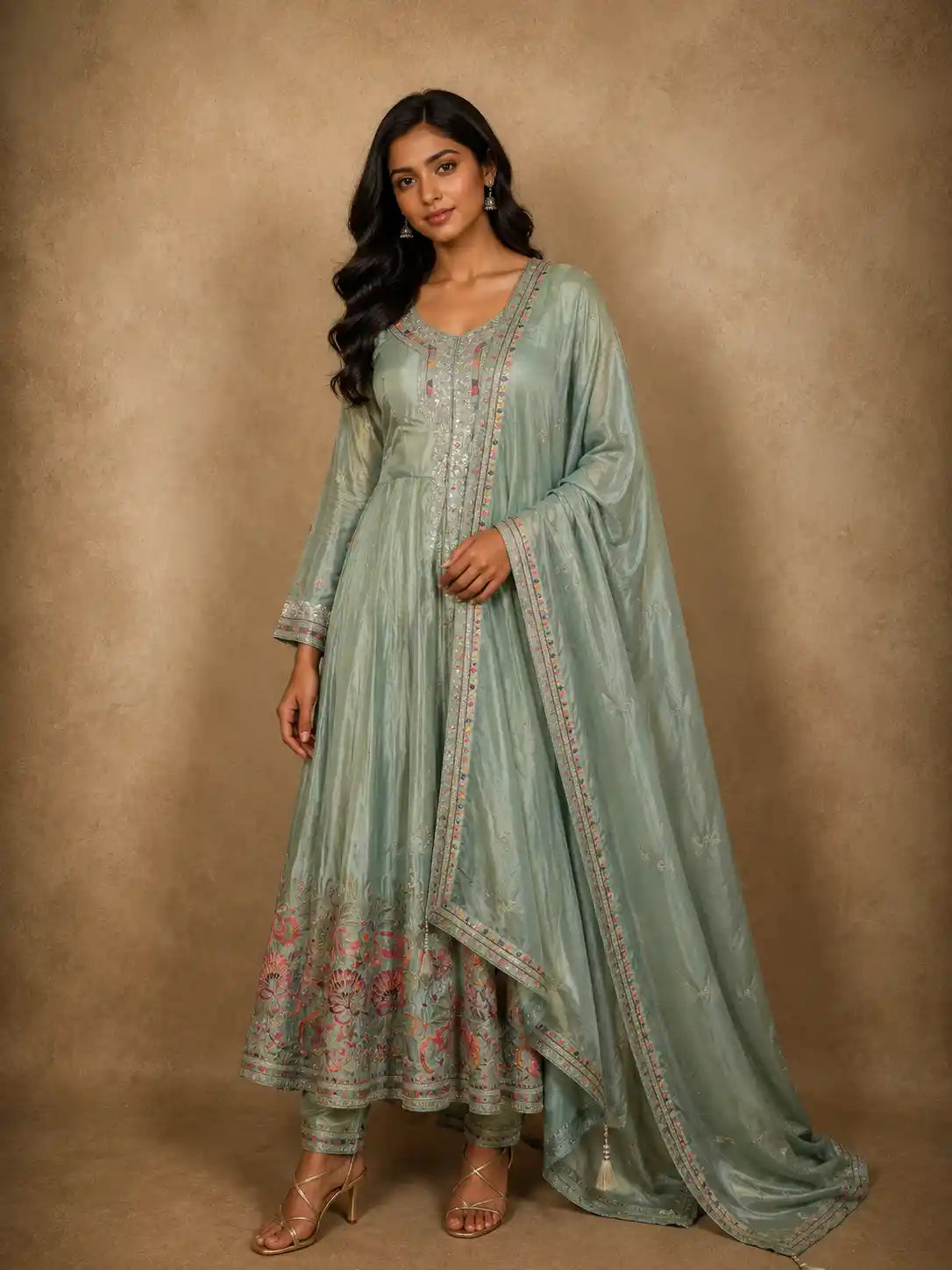 Dusty Blue Floral Thread and Sequins Embroidered Design Organza Mastani Palazzo Suit