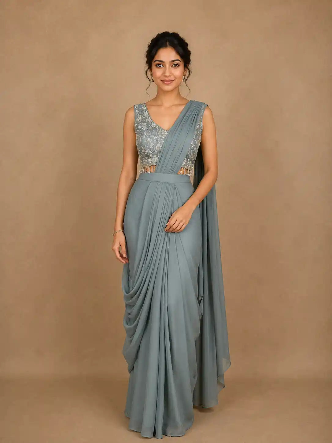 Dusty Blue Sequins Embellished Design Georgette Ready To Wear Saree with Designer Blouse