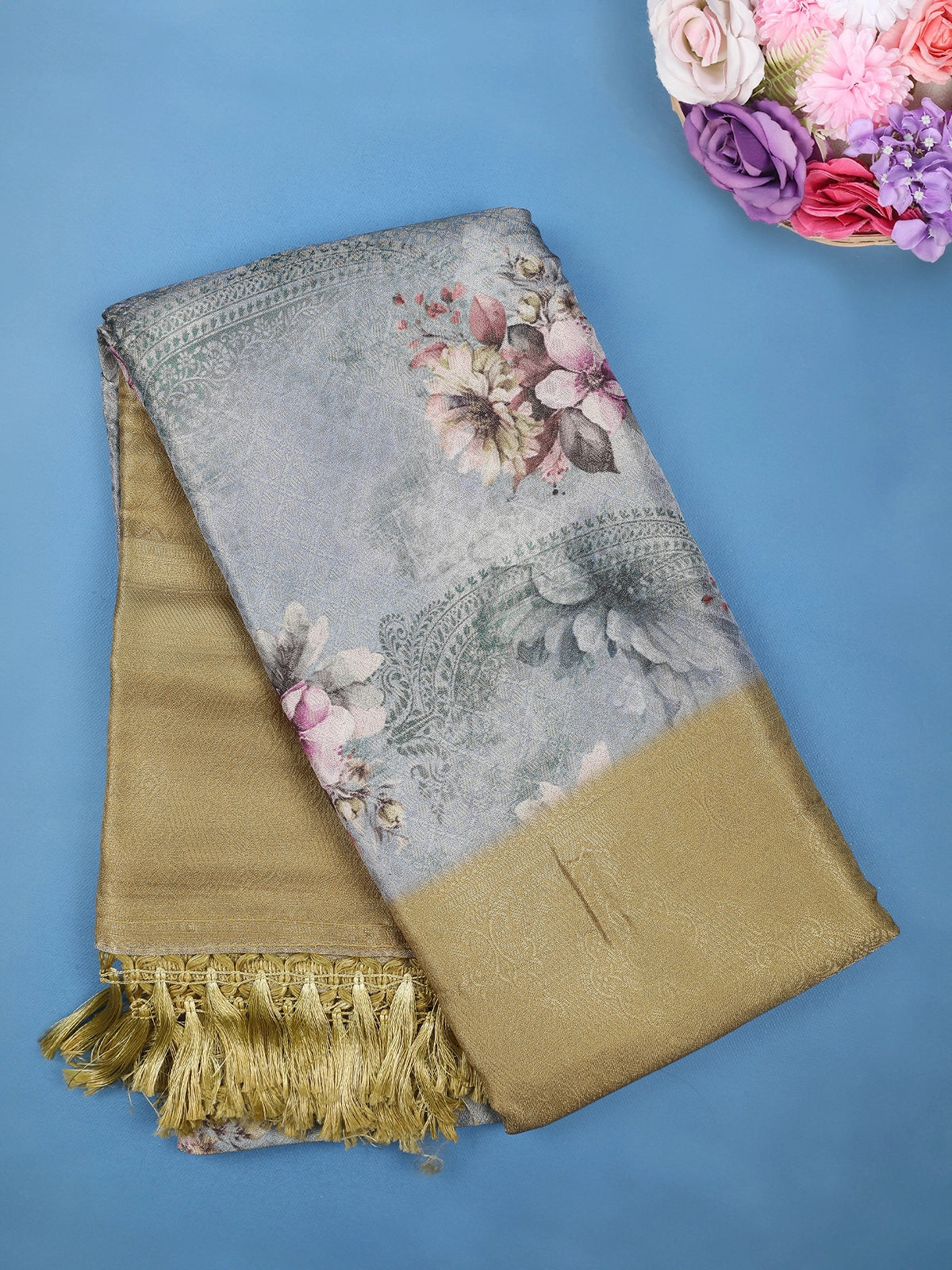 Dusty Blue Vintage Floral Printed Soft Silk Saree - Diadem