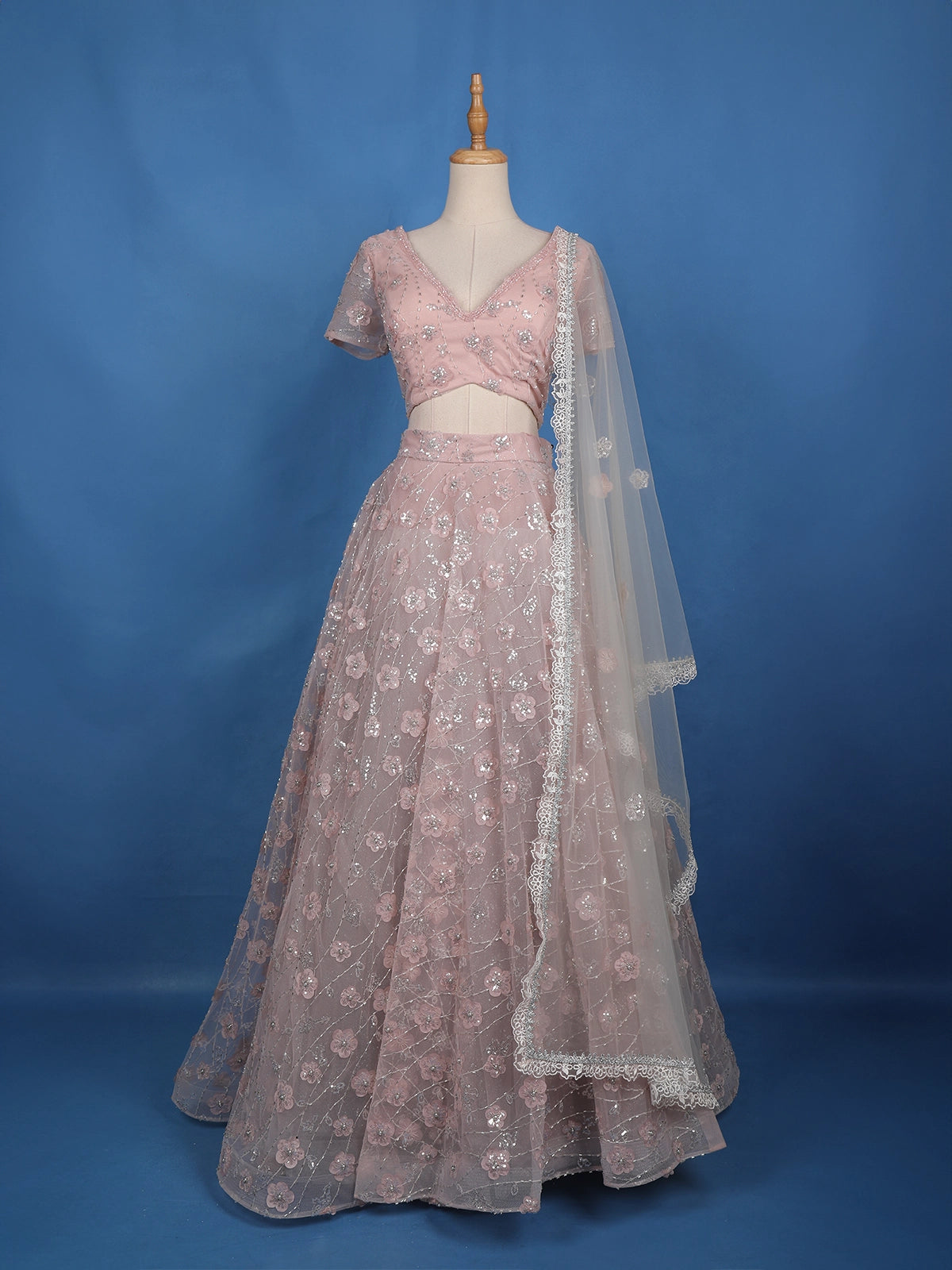 Dusty Blush Pink Floral And Sequins Embroidered Net Lehenga for Bridesmaids - Diadem