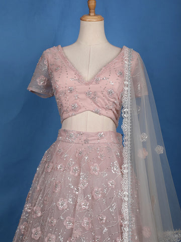 Dusty Blush Pink Floral And Sequins Embroidered Net Lehenga for Bridesmaids - Diadem
