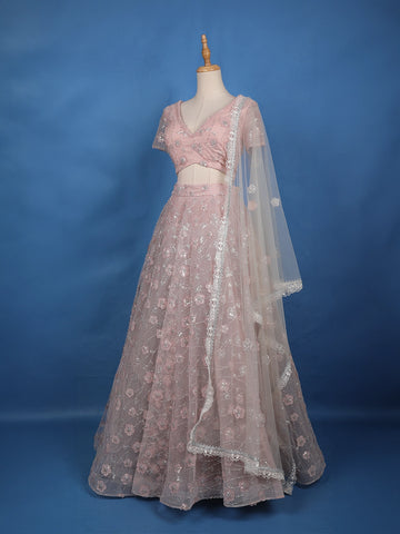 Dusty Blush Pink Floral And Sequins Embroidered Net Lehenga for Bridesmaids - Diadem