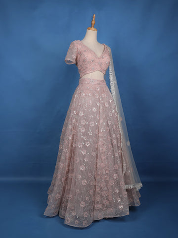 Dusty Blush Pink Floral And Sequins Embroidered Net Lehenga for Bridesmaids - Diadem